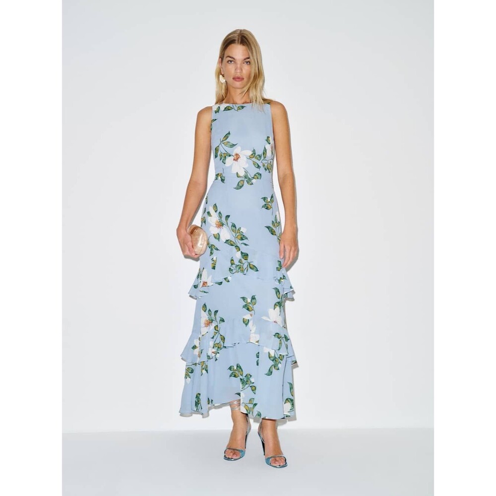 NEW Reformation Magnus Dress louisiana Light Blue Floral Tiered maxi Dress, XS - Picture 2 of 13